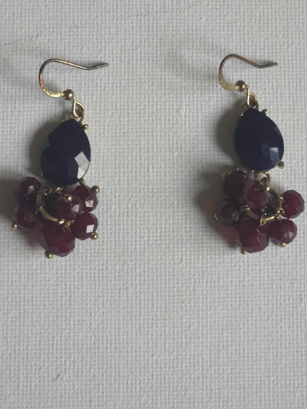 Vintage Gemstone Cluster Drop Earrings Deep Purple Teardrop Crimson Red Beaded D